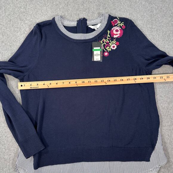 Crown & Ivy Layered Sweater Floral Embroidered Women's Large Navy Blue Stripe - Picture 7 of 9